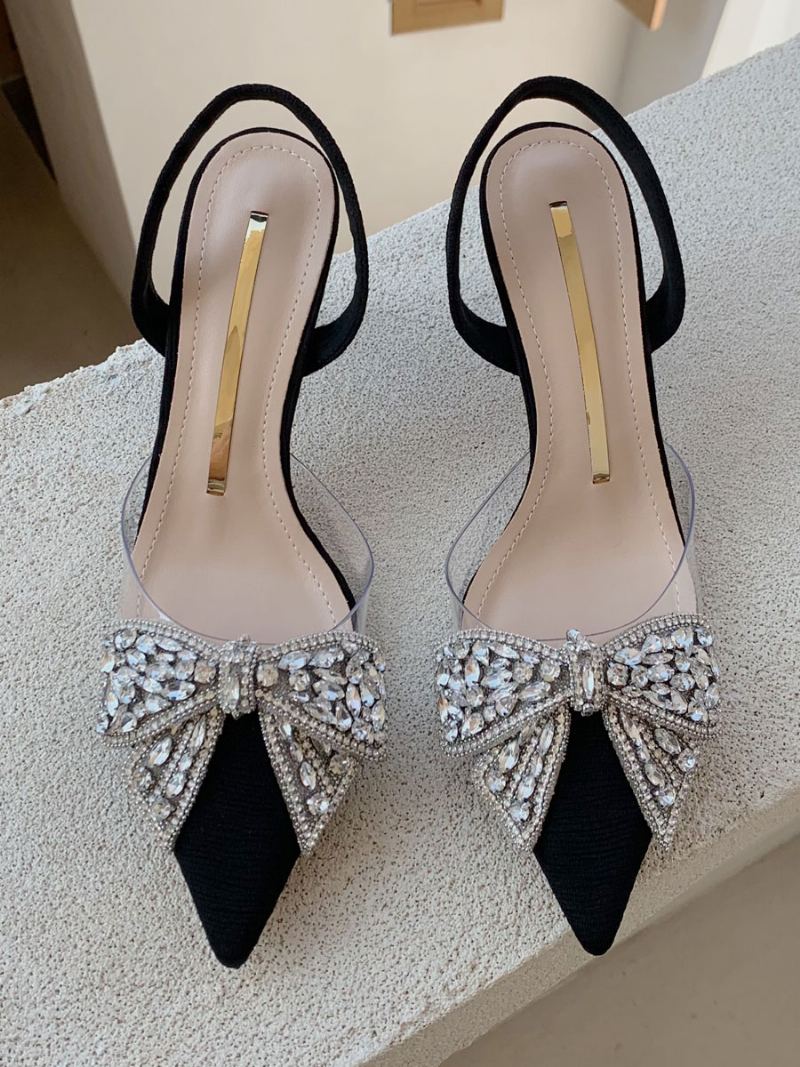 Kvinners Kitten Heel Pumps Svart Spiss Tå Rhinestones Bow Slingback Party Sko