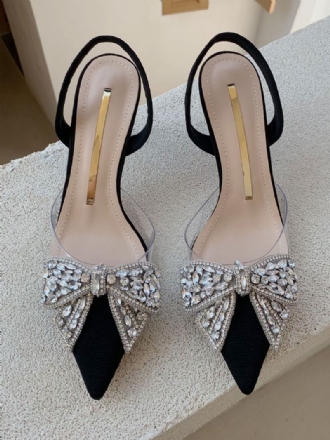 Kvinners Kitten Heel Pumps Svart Spiss Tå Rhinestones Bow Slingback Party Sko