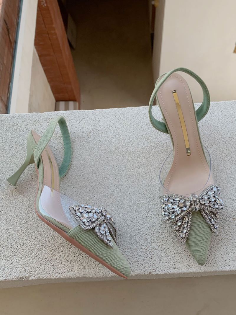 Kvinners Kitten Heel Pumps Svart Spiss Tå Rhinestones Bow Slingback Party Sko - Lysegrønn