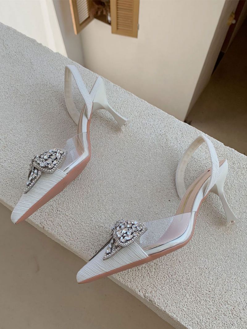 Kvinners Kitten Heel Pumps Svart Spiss Tå Rhinestones Bow Slingback Party Sko - Beige