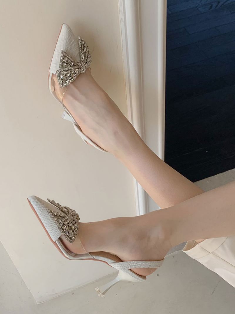 Kvinners Kitten Heel Pumps Svart Spiss Tå Rhinestones Bow Slingback Party Sko - Beige