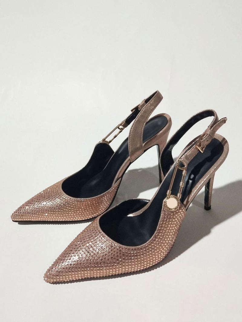 Kvinners Slingback Pumps Spiss Tå Rhinestones Kjededetalj Høyhælte Festsko - Gull