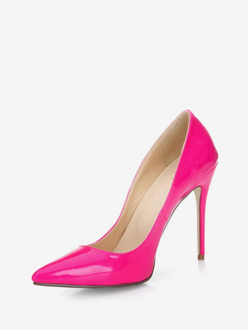 Kvinners Svarte Høye Hæler Kjole Sko Spisse Tå Laklær Stilettos Pumps - Fuchsia