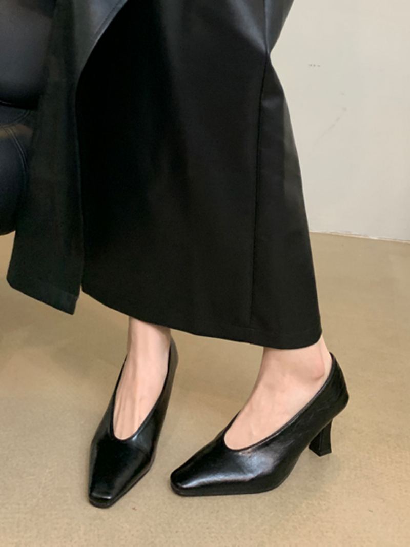 Kvinners Svarte Høye Hæler Square Toe Chunky Heel Slip On Pumps