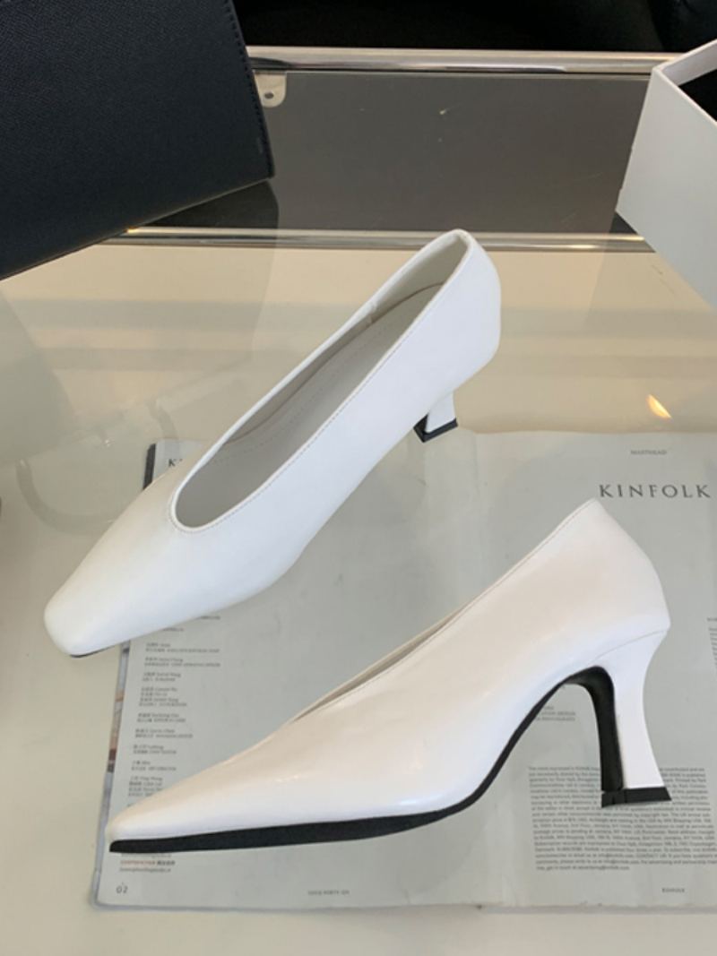 Kvinners Svarte Høye Hæler Square Toe Chunky Heel Slip On Pumps - Hvit