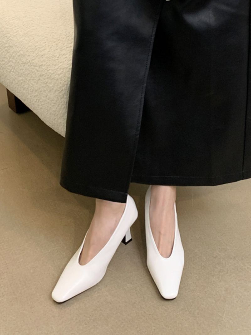 Kvinners Svarte Høye Hæler Square Toe Chunky Heel Slip On Pumps - Hvit