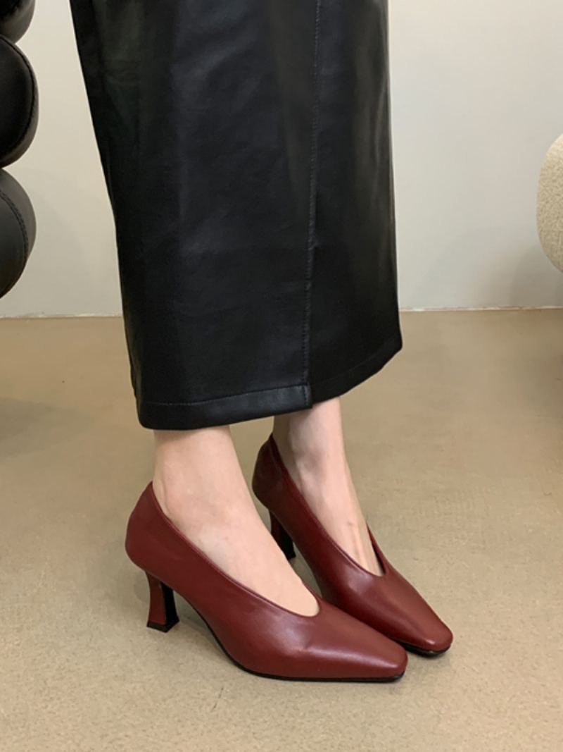 Kvinners Svarte Høye Hæler Square Toe Chunky Heel Slip On Pumps - Burgunder