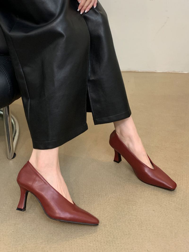 Kvinners Svarte Høye Hæler Square Toe Chunky Heel Slip On Pumps - Burgunder