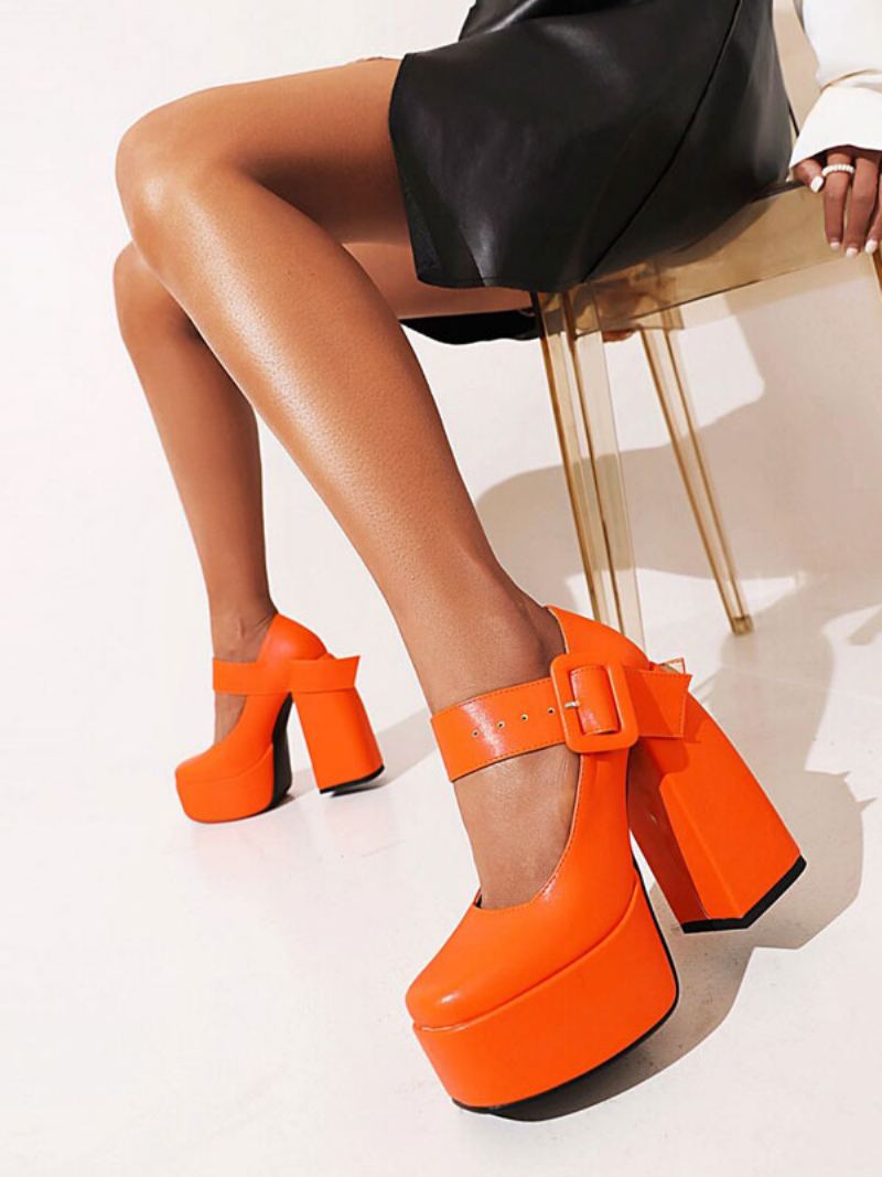 Mary Jane Buckle Plattformsko Chunky Heel Pumps For Kvinner - Oransje