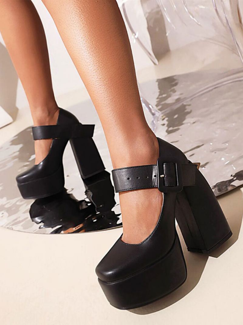 Mary Jane Buckle Plattformsko Chunky Heel Pumps For Kvinner - Svart