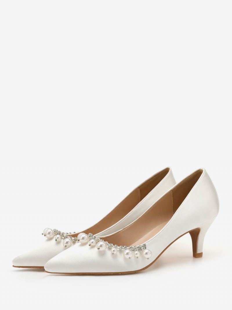 Midt-lave Hæler For Kvinner Elegante Spissede Tå Kattungehæl Slip-on Pretty Pearls White Wedding Pumps & Heels