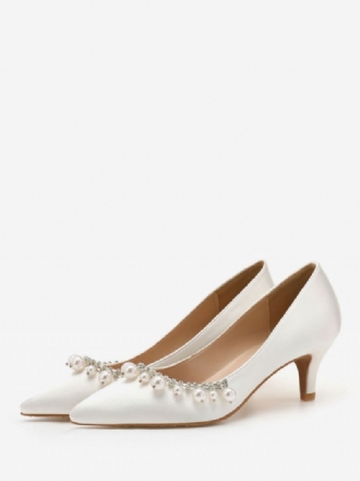 Midt-lave Hæler For Kvinner Elegante Spissede Tå Kattungehæl Slip-on Pretty Pearls White Wedding Pumps & Heels