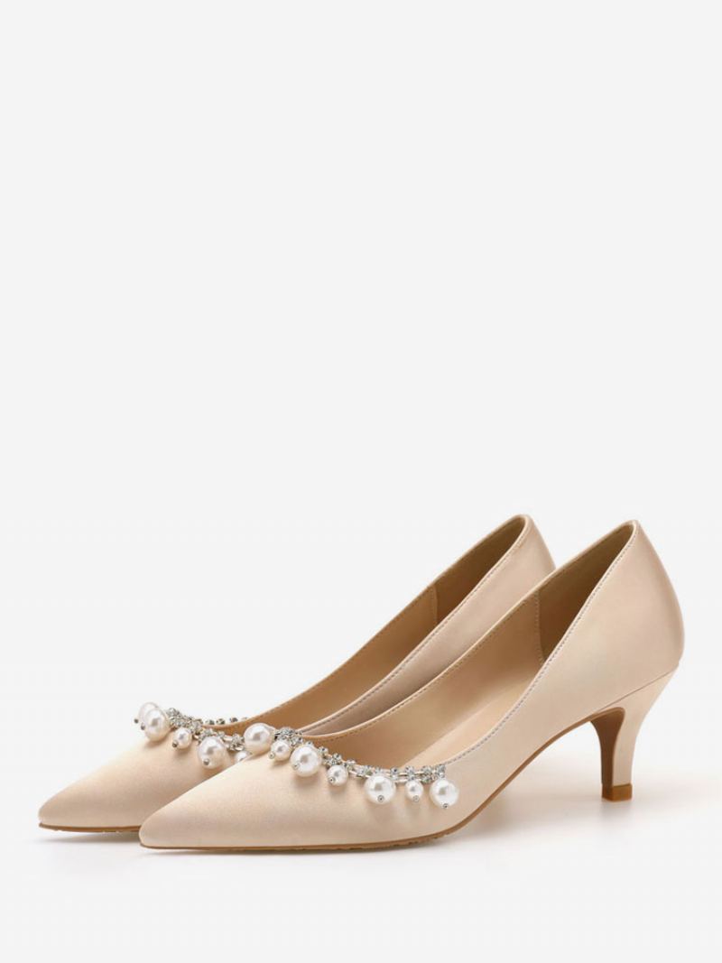 Midt-lave Hæler For Kvinner Elegante Spissede Tå Kattungehæl Slip-on Pretty Pearls White Wedding Pumps & Heels - Lys Gul