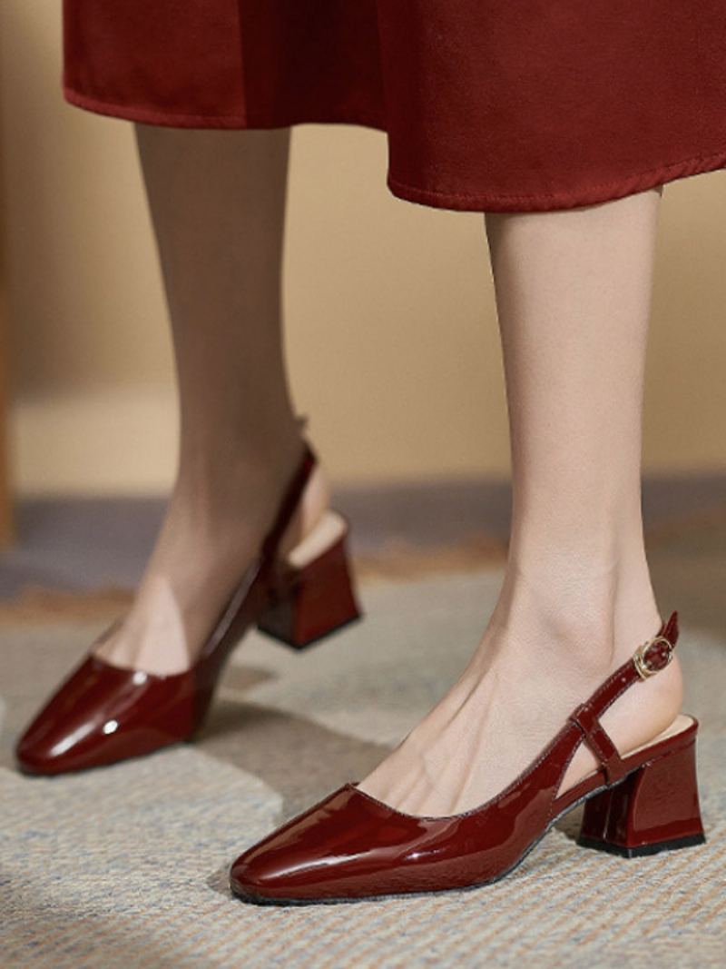 Midt-lave Hæler For Kvinner Snøring Med Firkantet Tå Chunky Heel Pumps Daglig Uformelt Burgundy - Burgunder