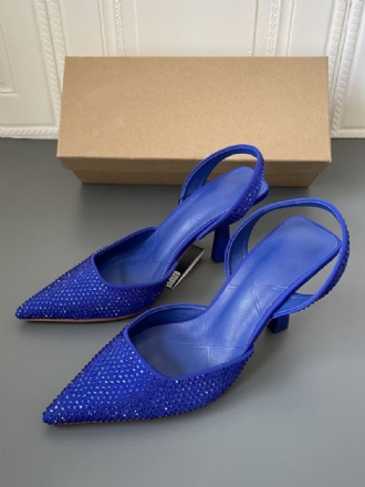 Slingback Hæler For Kvinner Rhinestones Stiletthæl Blå Pumps Pu-skinn