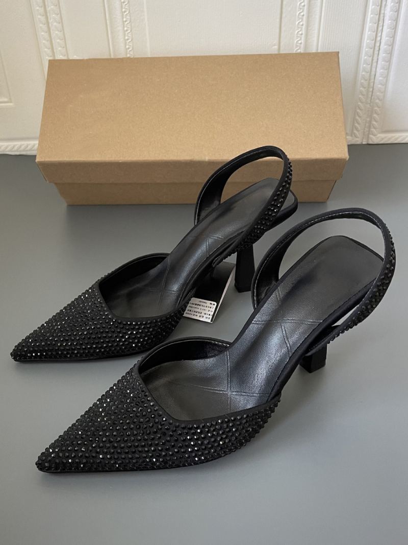 Slingback Hæler For Kvinner Rhinestones Stiletthæl Blå Pumps Pu-skinn - Sort