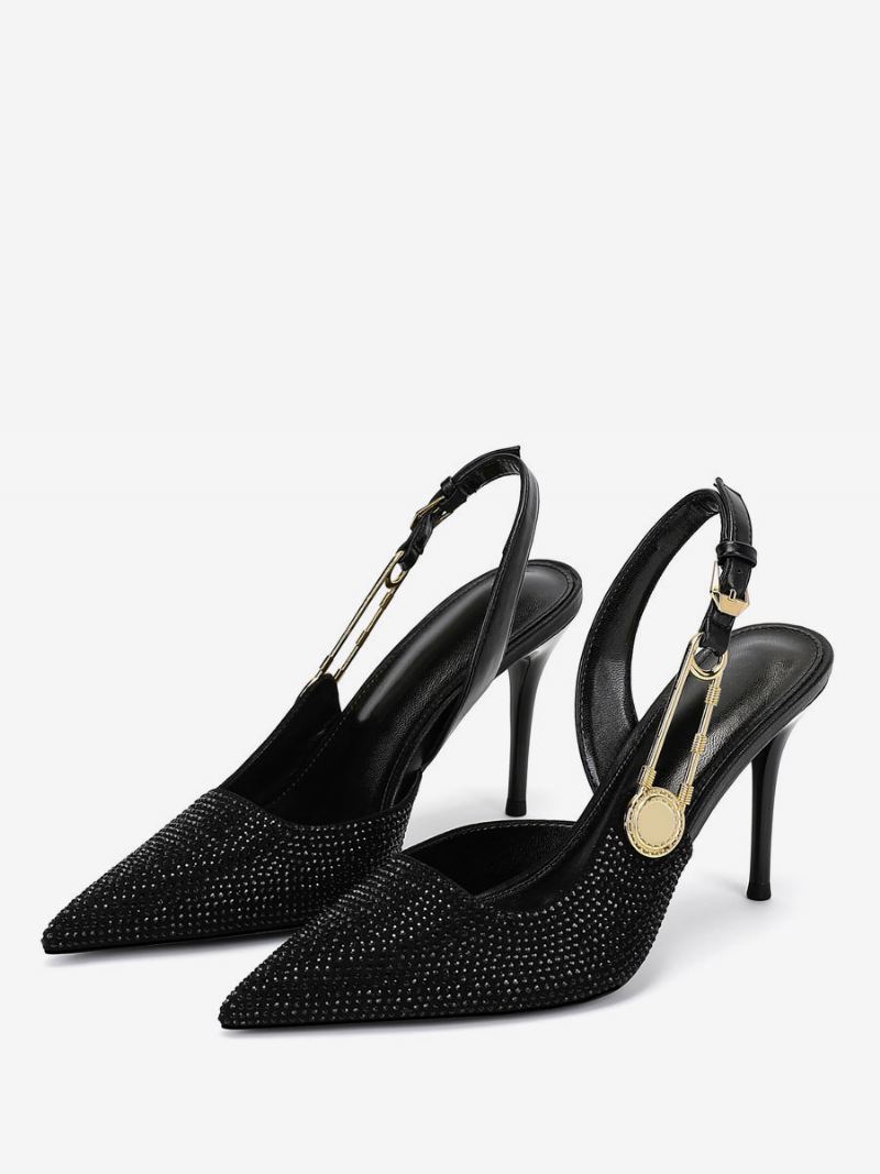 Slingback Hæler For Kvinner Rhinestones Stiletthæl Black Pumps