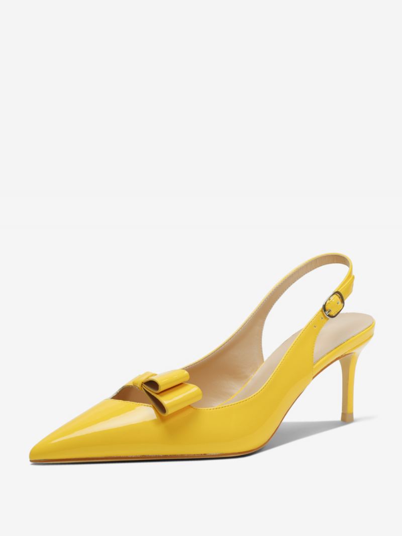 Slingback Hæler For Kvinner Svart Spiss Tå Bue Detalj Dress Sko - Gul