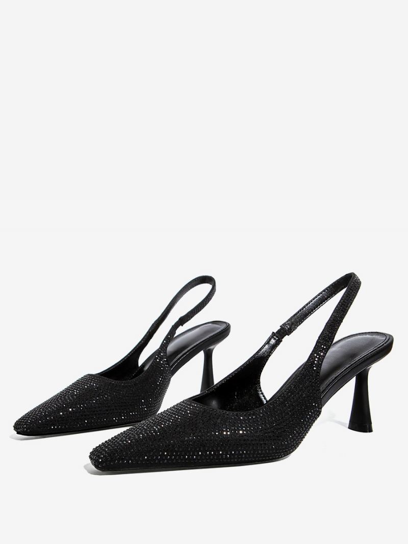 Sorte Festsko Dame Rhinestones Stiletthæl Slingback Pumps