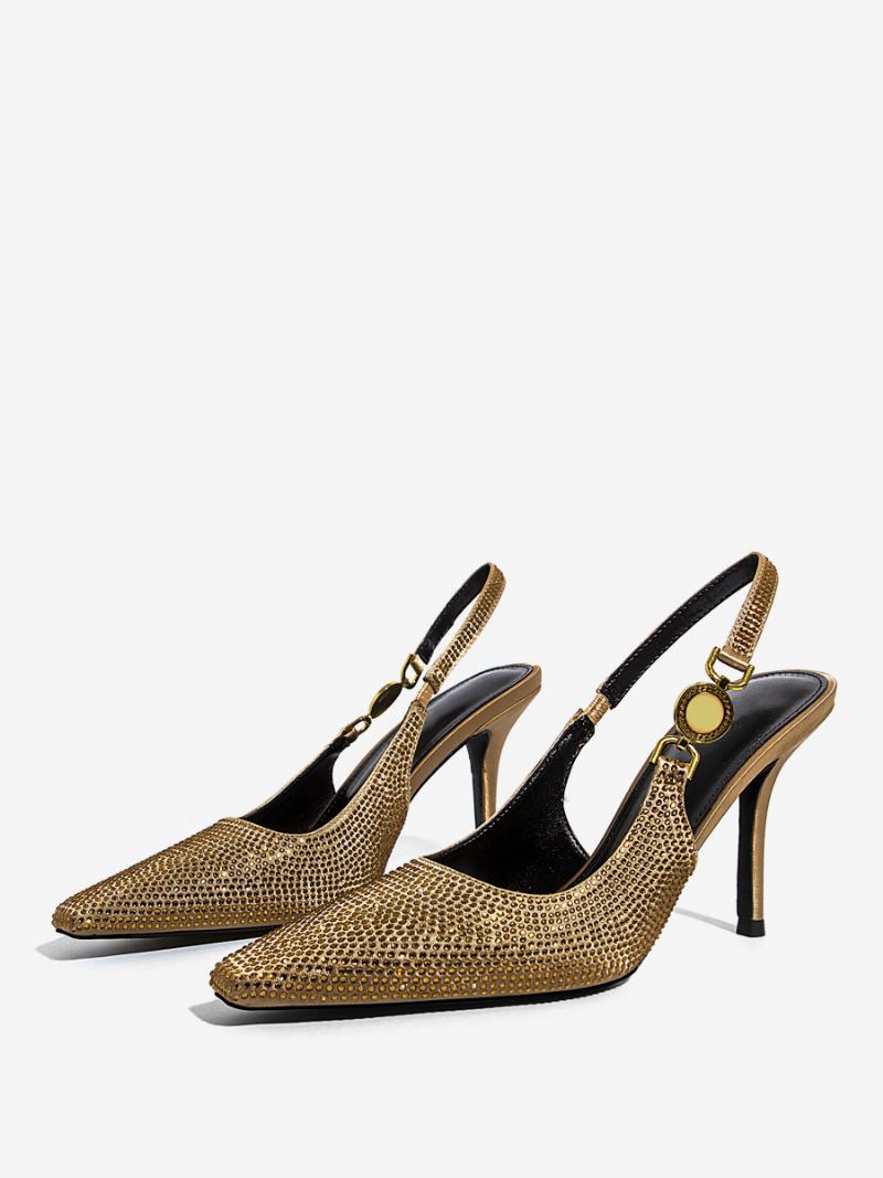 Svarte Hæler For Kvinner Rhinestones Stiletthæl Slingback Pumps Party Sko - Gull