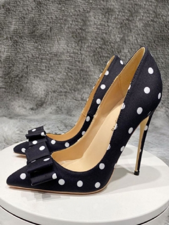 Svarte Høye Hæler Kvinner Spiss Sløyfe Polka Dot Vintage Pumps