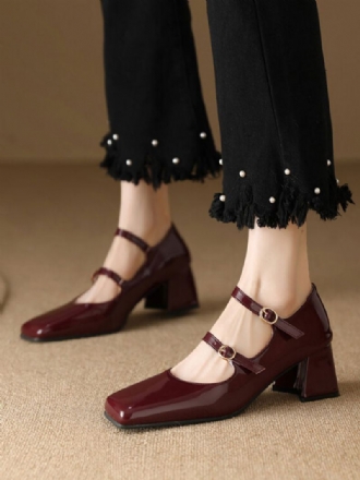 Vintagesko For Kvinner Burgundy Patent Leather Square Toe