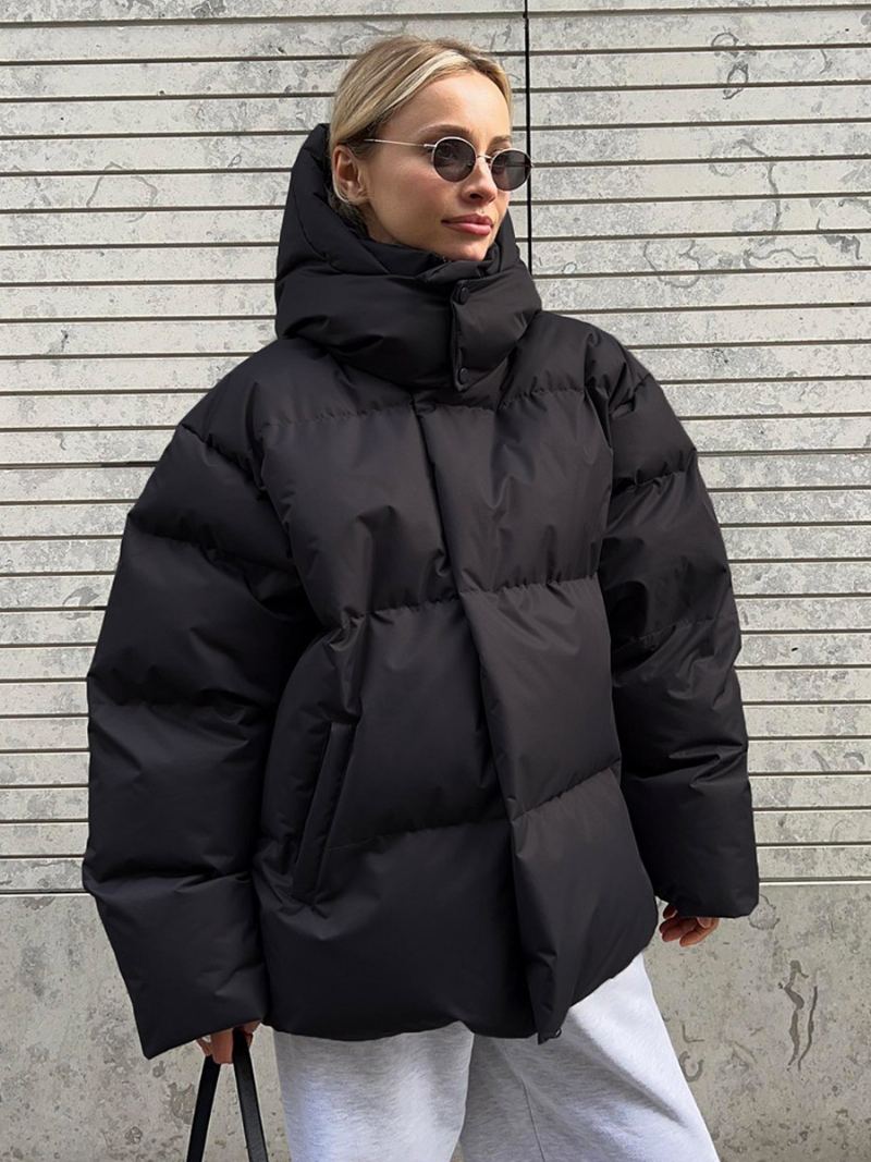 Puffer Coat Hette Glidelås Ensfarget Overdimensjonert Yttertøy For Kvinner - Sort