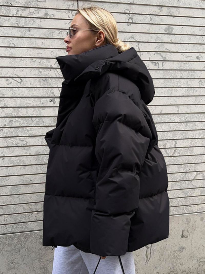 Puffer Coat Hette Glidelås Ensfarget Overdimensjonert Yttertøy For Kvinner - Sort