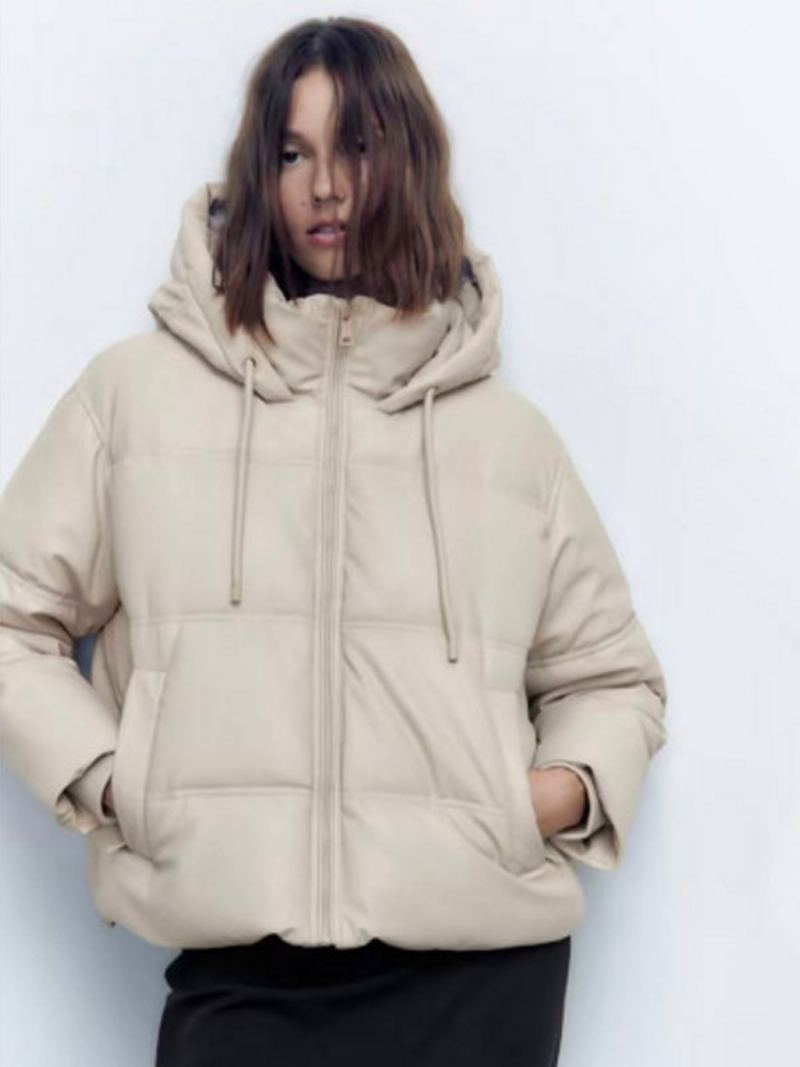 Puffer Frakkstativ Krage Hodded Zip Up Slant Lommer Yttertøy For Kvinner - Beige