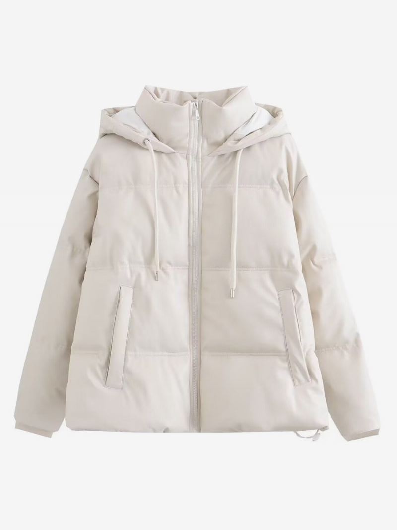 Puffer Frakkstativ Krage Hodded Zip Up Slant Lommer Yttertøy For Kvinner - Beige