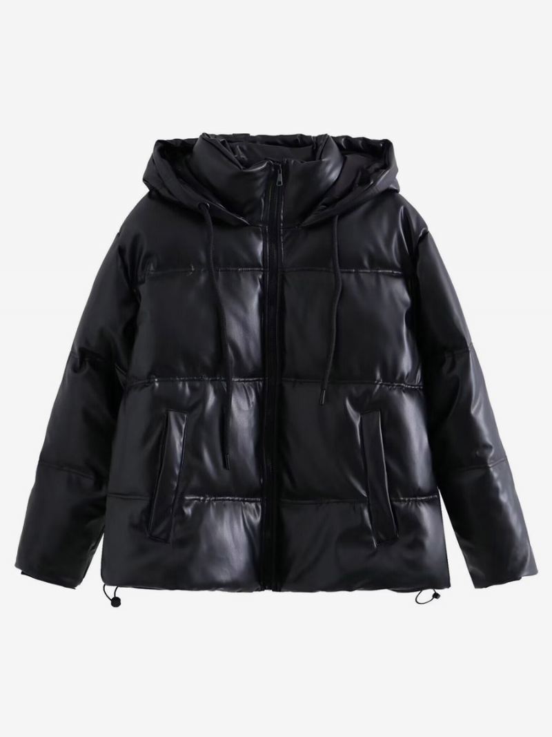 Puffer Frakkstativ Krage Hodded Zip Up Slant Lommer Yttertøy For Kvinner - Sort