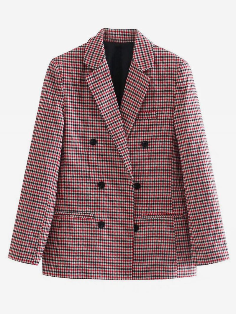 Dameblazer Chic Rutete Turndown-knapper Med Lange Ermer Yttertøy - Rosa