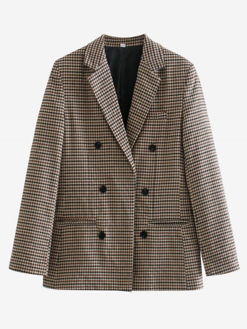 Dameblazer Chic Rutete Turndown-knapper Med Lange Ermer Yttertøy - Khaki