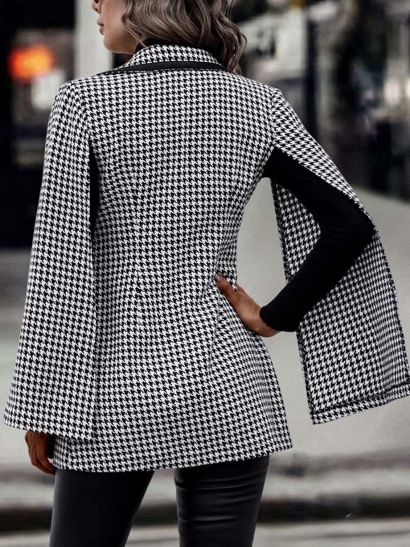 Kvinners Houndstooth Blazer V-hals Sash Langermet Business Casual Jakke - Svart