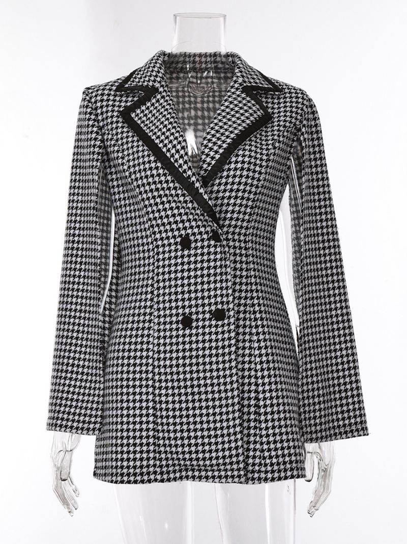 Kvinners Houndstooth Blazer V-hals Sash Langermet Business Casual Jakke - Svart