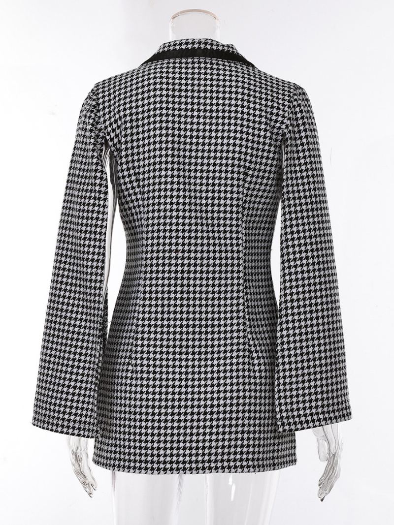 Kvinners Houndstooth Blazer V-hals Sash Langermet Business Casual Jakke - Svart