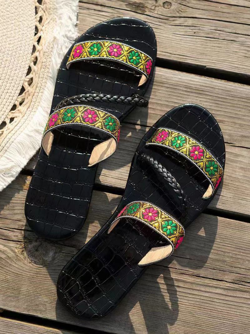 Boho Sandal Slides Kvinner Åpen Tå Flat Strandtøfler - Sort