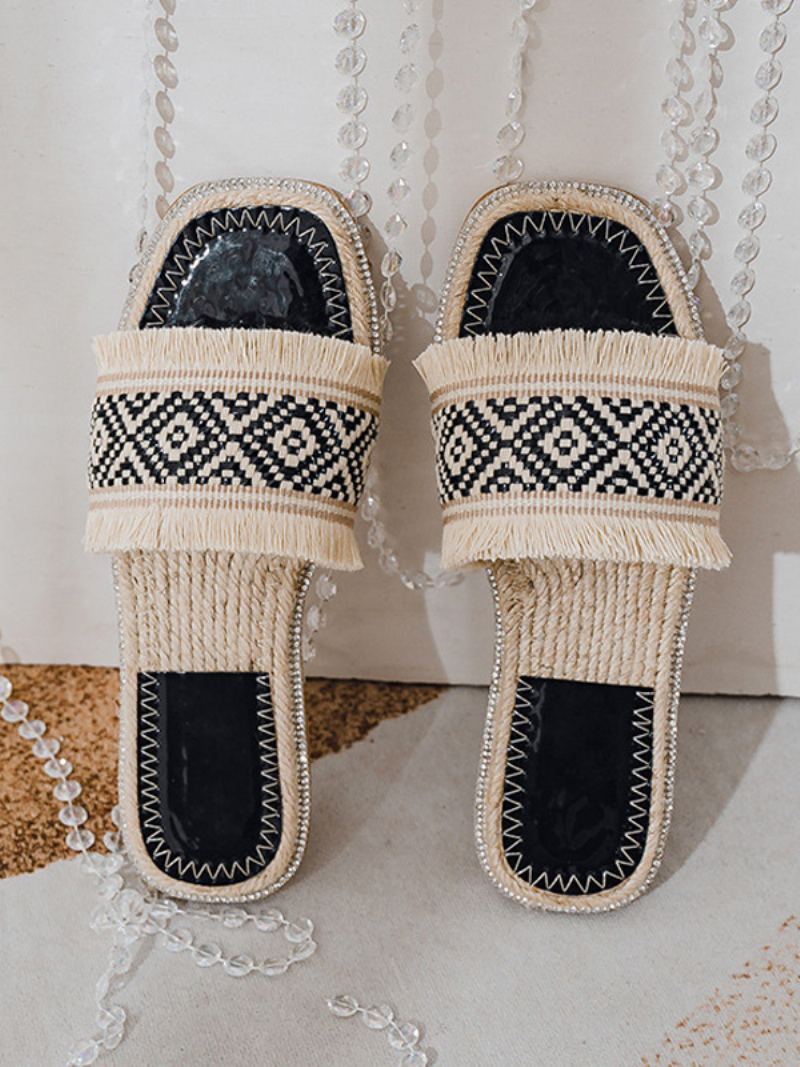 Boho Slide Sandaler Dame Chic Fringe Open Toe Sandal Tøfler - Sort