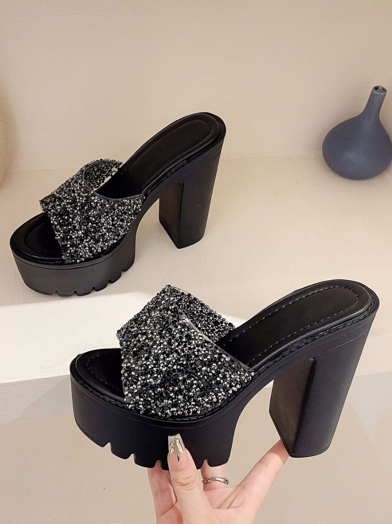 Dame Paljetter Slingbacks Chunky Heel Mules Pu Skinn Svart - Sort