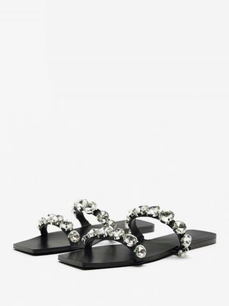 Dame Rhinestones Åpen Tå Pu Skinn Slidesandaler Flat Black