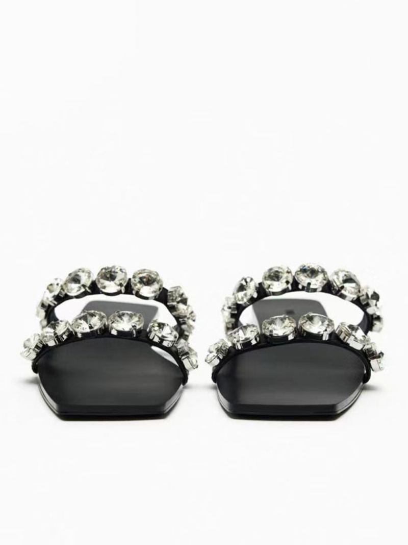 Dame Rhinestones Åpen Tå Pu Skinn Slidesandaler Flat Black - Svart