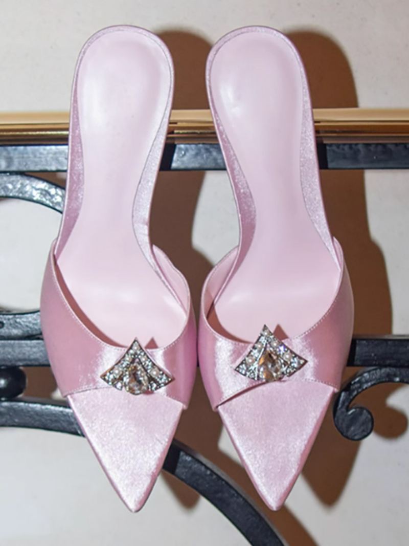 Dame Rhinestones Spiss Tå Sateng Lysbilde Sandaler Stiletthæl Svart - Rosa