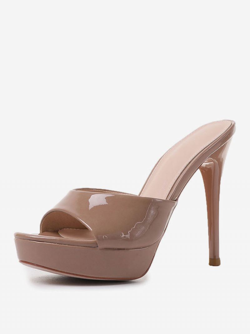 Dametøfler Khaki Patent Pu Peep Toe Stiletthæl Slingbacks Sexy Hæltøfler