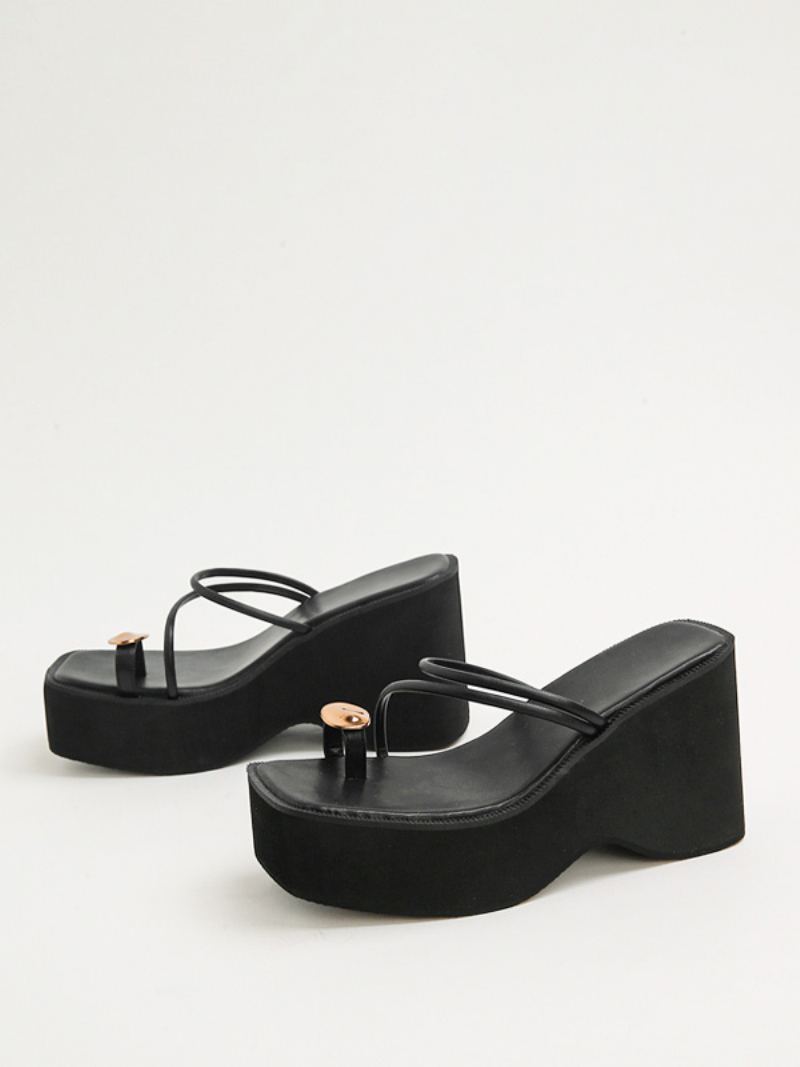 Dametøfler Svart Plattformsko Toe Loop Sandal Slides - Svart