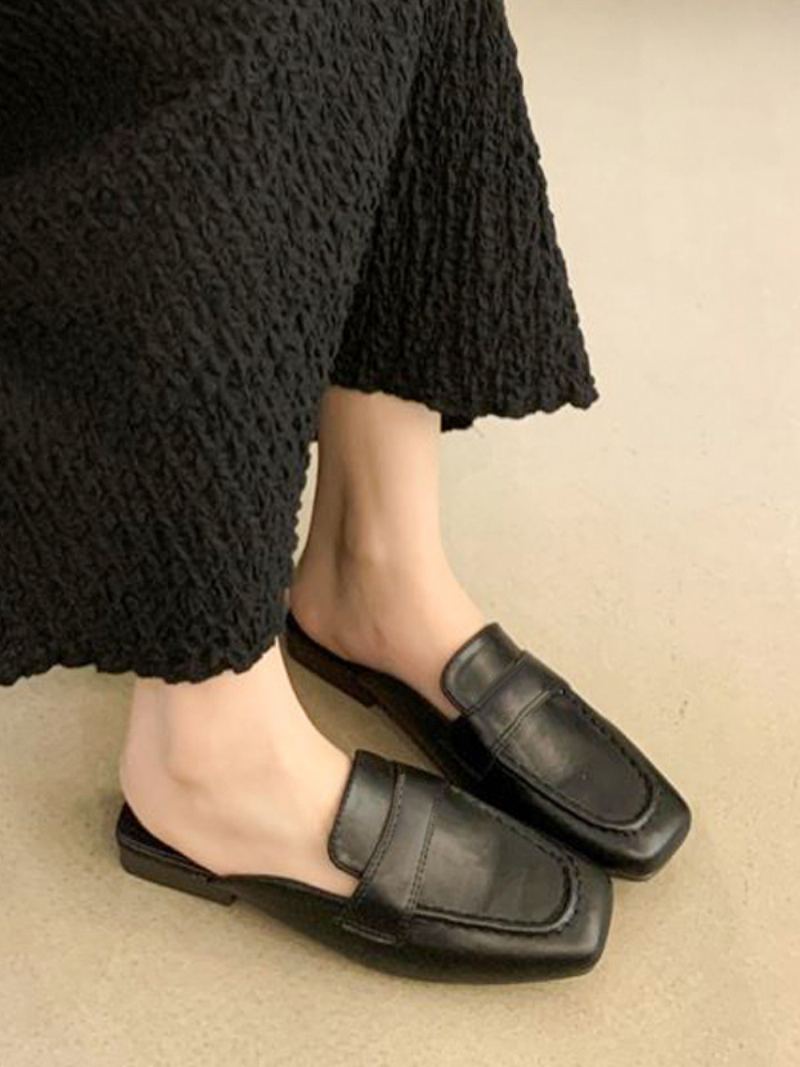 Kvinners Hvite Mules Square Toe Backless Loafers - Sort