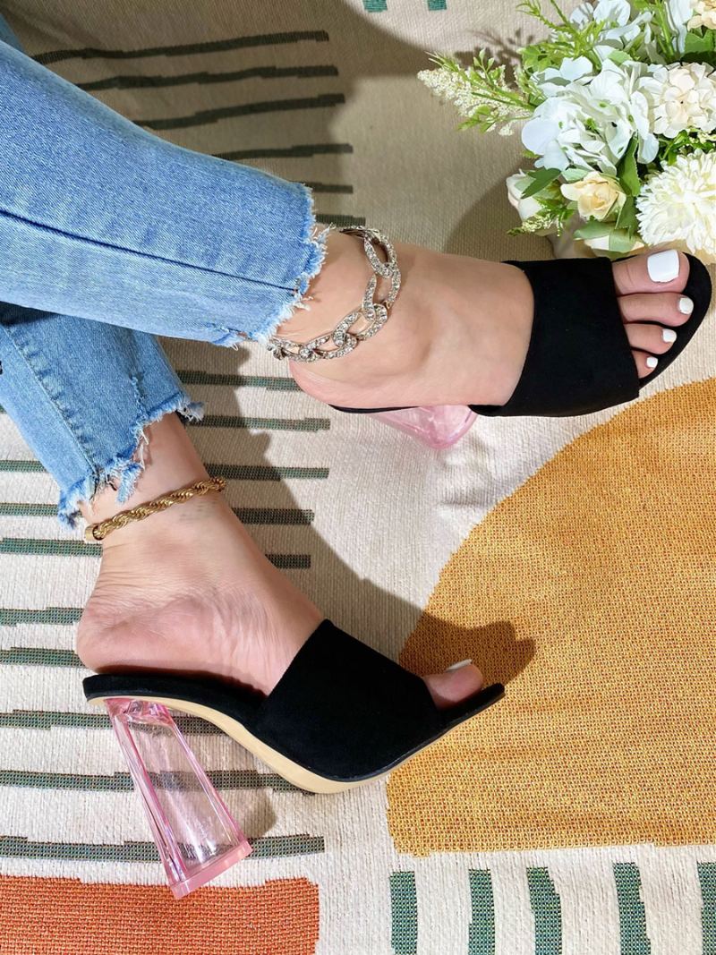 Kvinners Mulehæl Micro Suede Øvre Peep Toe Chunky Heel Mules - Svart