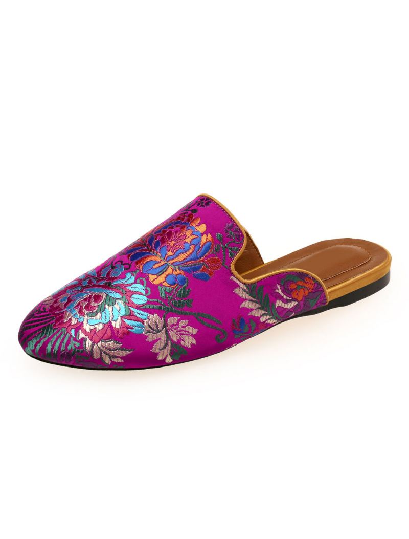 Kvinners Satin Flat Mules Rund Toe Floral Brodert