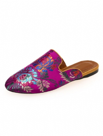 Kvinners Satin Flat Mules Rund Toe Floral Brodert