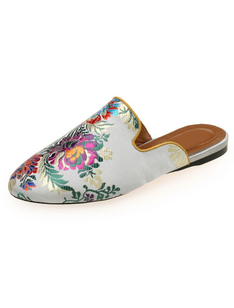 Kvinners Satin Flat Mules Rund Toe Floral Brodert - Lysegrå