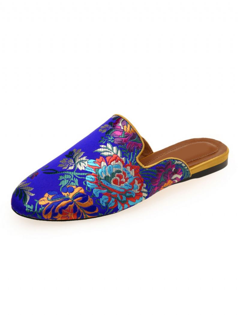 Kvinners Satin Flat Mules Rund Toe Floral Brodert - Blå